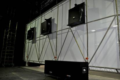 „Screen“ i „subwoofer“ zvučnički sistemi iza projekcionog ekrana u Univerzalnoj sali DOB